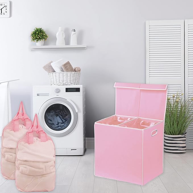 Simple Houseware Double Laundry Hamper with Lid and Removable Bags, Pink - Image 2