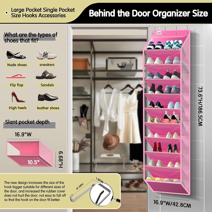 Kotkn 10 Tier Over The Door Organizer - Heavy Duty Hanging Storage Rack with Sturdy Oxford Fabric, Holds 20+ Pairs of Footwear, Boots & Sneakers, Saves 50% Closet Space! (Pink) - Image 2