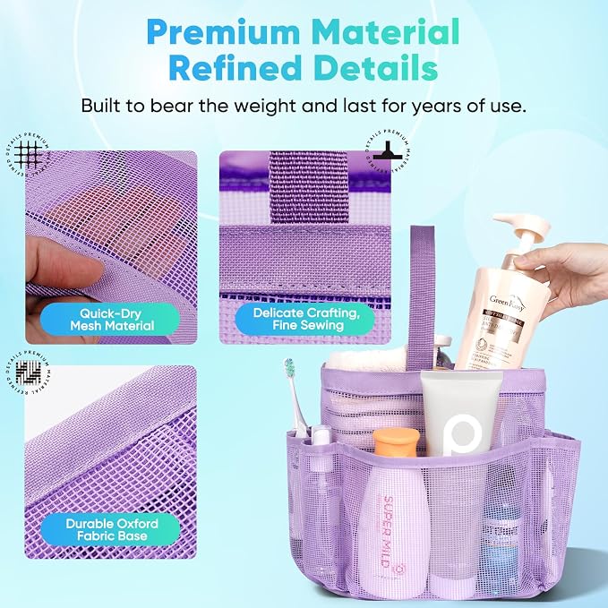 EUDELE Mesh Shower Caddy Portable for College Dorm Room Essentials,Portable Shower Caddy Dorm with 8-Pocket Large Capacity, Shower Bag for Beach, Swimming, Gym, Travel essentials, Purple - Image 3