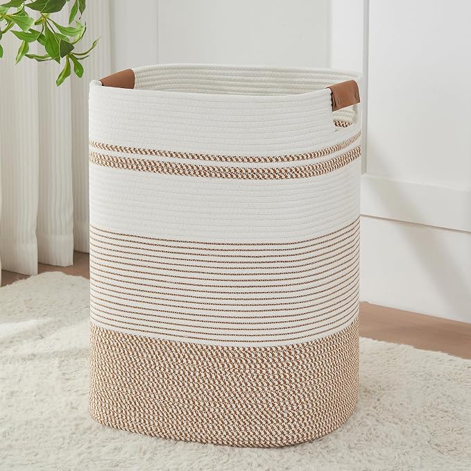 AINUOQI Laundry Basket with Handles - Blanket Basket & Hampers for Bedroom Aesthetic, Laundry Hamper & Blanket Storage for Living Room, Clothes Hamper, Tall, Large 17" x 14" x 22”, Brown & White by AINUOQI