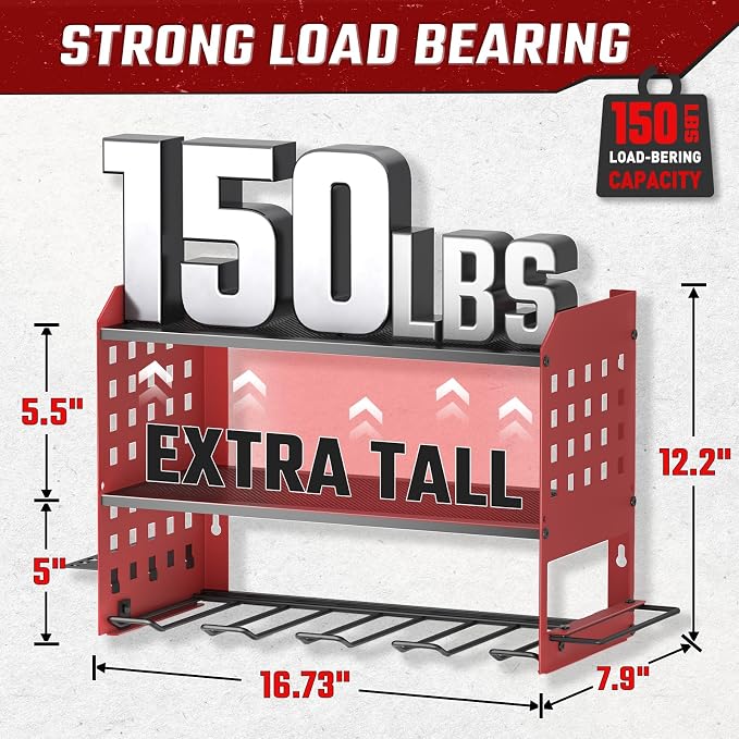 SUNALLY Power Tool Organizer, Heavy Duty Wall Mount Tool Organizer 3 Layers with 4 Drill Holders, Garage Tools Storage Rack with 2 Side Pegboards and Hooks for Workshop, Shed, Red - Image 2