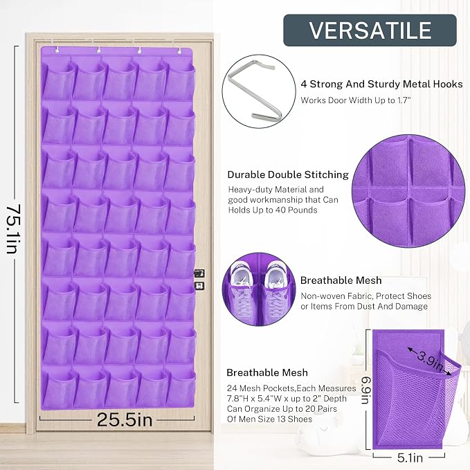 40-Pocket Over the Door Shoe Organizer - Large Mesh Pocket Hanging Shoe Organizer,Behind the Door Shoes Storage Holder Hanger - Image 3