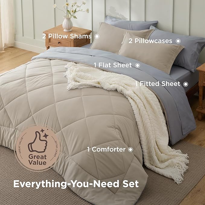 Bedsure Beige Full Comforter Set - 7 Pieces Reversible Bed Set Bed in a Bag Full with Comforters, Sheets, Pillowcases & Shams