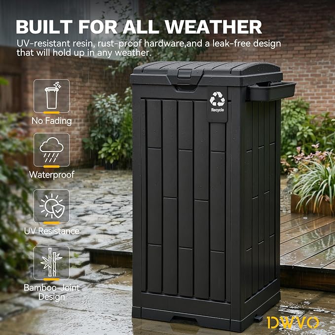 DWVO 38 Gallon Outdoor Trash Can, Set of 2 Resin Garbage Bins with Lids, Includes 2 Sorting Labels, Ash Holder, Stakes & Suction Cups, Hideaway Storage for Patio Backyard Garden, Black - Image 4