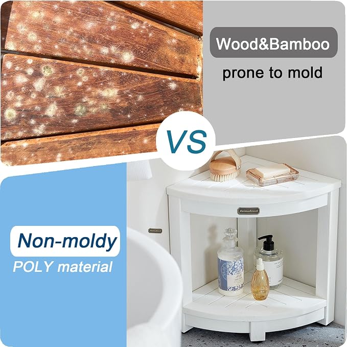 KaimuBench Corner Shower Stool for Inside Shower Waterproof, Poly Lumber Bathroom Shower Corner Bench Seat, Plastic Shower Chair Seat, Shower Shaving Foot Rest with Adjustable Feet, Non-Slip, White - Image 4
