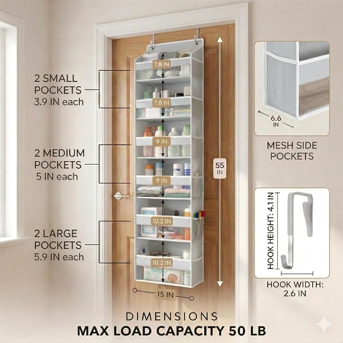 HOMELUX THEORY UPGRADED 6 Tiers Over The Door Organizer Hanging - 100D EXTRA THICK & 50lbs HUGE CAPACITY, 12 Side Mesh Pockets Over The Door Shoe Organizer, Hanging Closet Organizer (Light Gray, 1pc) - Image 2