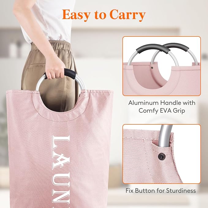 Lifewit 100L 2-Pack Large Laundry Basket, Collapsible Laundry Hamper with Aluminum Handles, Waterproof Freestanding Dirty Clothes Hampers for Laundry Room Bedroom Dorm Bathroom, Pink - Image 3