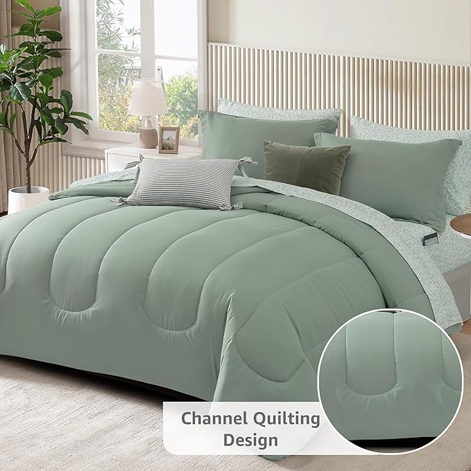 Monbix King Size Comforter Set - 7 Pieces Bed in a Bag King, Sage Green Track Stitching Bedding Sets, All Seasons Bed Set with Sheets, Pillowcases & Shams