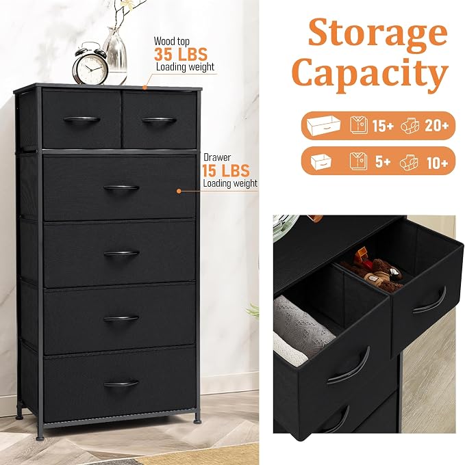 Fabric Dresser for Bedroom, Tall Skinny Dresser with 6 Drawers, Storage Organizer Tower, Steel Frame Wooden Top for Closet, Living Room, Hallway, Nursery(Black) - Image 7