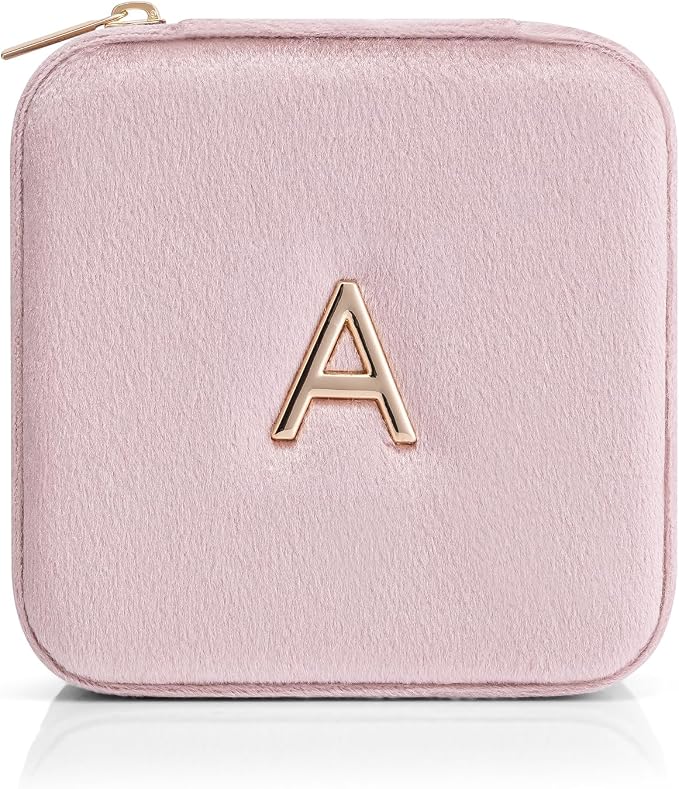Vlando Small Travel Jewelry Box Organizer Display Case for Rings Earrings Necklaces Storage, Selected Soft Velvet, Letter A Engraved, Pink - Image 4