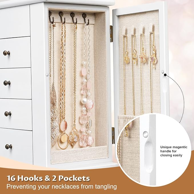 Emfogo Jewelry Box for Women, 5 Layer Large Wood Jewelry Boxes & Organizers for Necklaces Earrings Rings Bracelets, Rustic Jewelry Organizer Box with Rattan, Drawers and Mirror(Vintage White) - Image 6