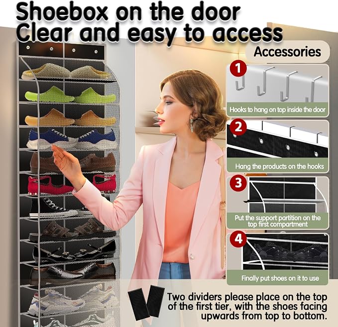 Kotkn Over The Door Shoe Organizer with 12 Large Breathable Pockets - Durable Hanging Storage for the Entire Family's Shoes (Black) - Image 5