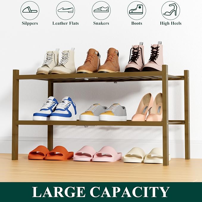 Smiry Shoe Rack, 2 Tier Thick Bamboo Shoe Organizer, Stackable Free Standing Wooden Shoe Storage Shelf for Closet, Entryway, Front Door Entrance, Walnut - Image 6