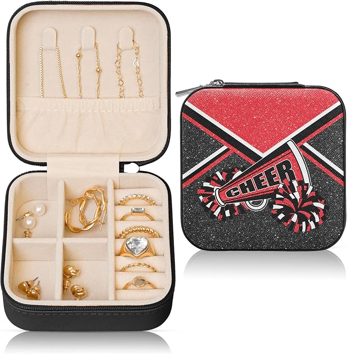 Cheerleader Jewelry Case, Mini Travel Box for Women, Cheer Team Gifts for Girls (Red) by Corxiren