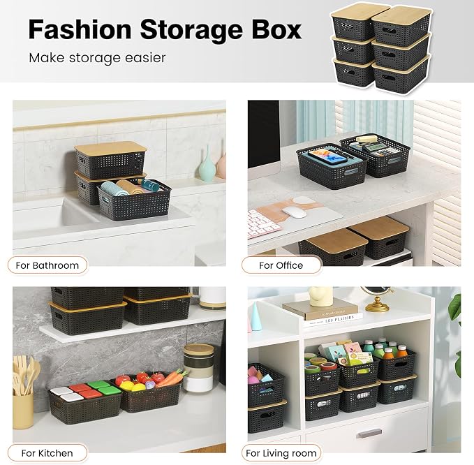 Ohmlove Plastic Storage Baskets With Bamboo Lid - Plastic Storage Containers Stackable Storage bins: Storage Baskets for Organizing Shelves Drawers Desktop Closet Playroom Classroom Office, 6 Pack - Image 4
