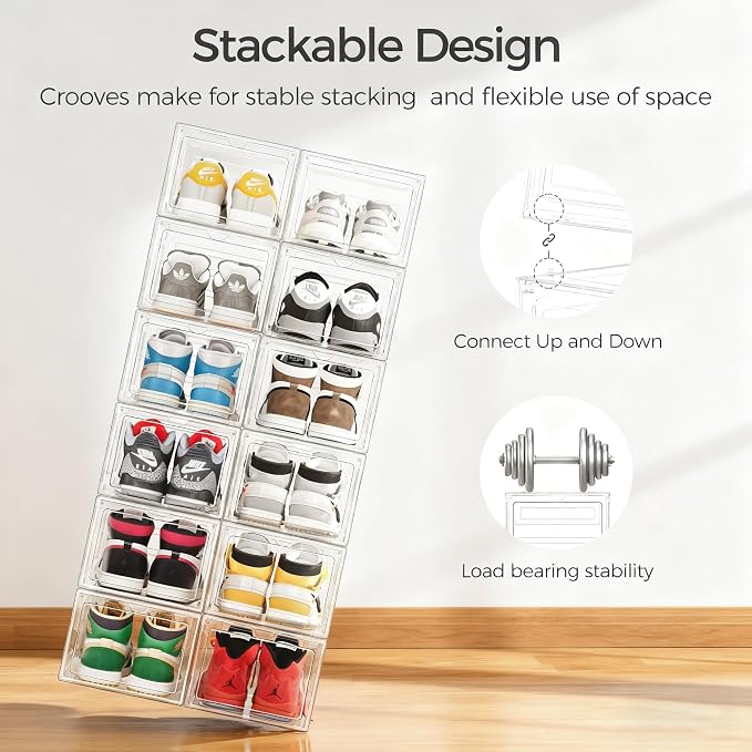 Pinkpum Upgraded Hard Shoe Storage Box 6 Pack X-Large Fit Size 12, Thicken & Sturdy Clear Plastic Stackable Shoe Organizer Box Closet, Sneaker Storage Display Case Holder Bins with Magnetic Door White - Image 8