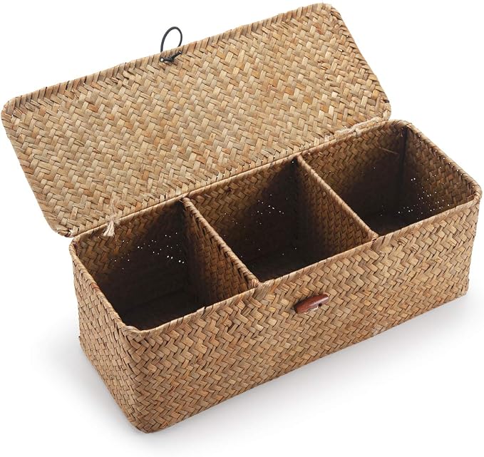 DECRAFTS Seagrass Storage Basket with Lid Rectangular Small Woven Shelf Baskets with Sections for Organize Snack Toys Tampon by DECRAFTS