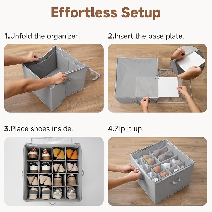 StorageWorks 2 Pack Shoe Organizer for Closet, Foldable Shoe Storage Box with Adjustable Dividers, Fabric Shoe Boxes Organizer for 32 Pairs, Closet Organizers and Storage Bin for Boots, Sneakers, Grey - Image 6