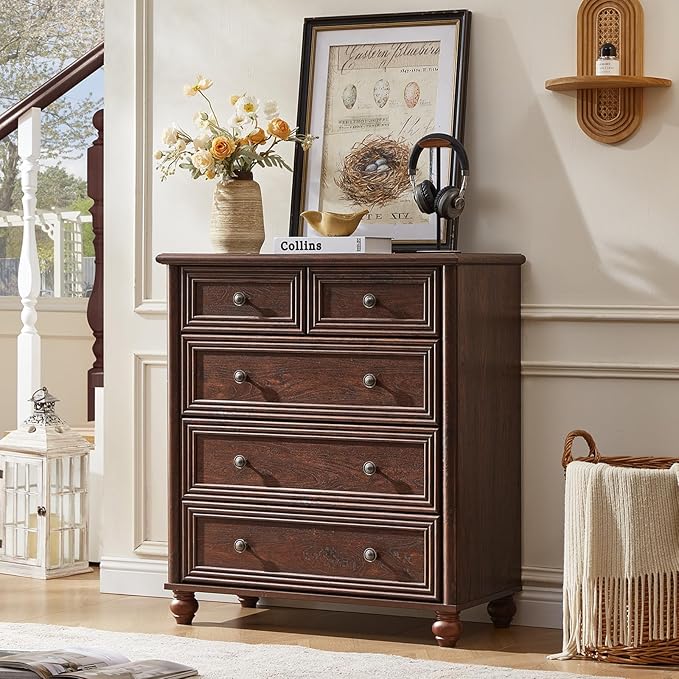 RWYHG Farmhouse 5 Drawer Dresser Set of 2 for Bedroom, 35.5" Walnut Tall Small Dressers & Chest of Drawers, Rustic Wood Dresser with Roman Column, Storage Organizer for Living Room, Hallway, Closet