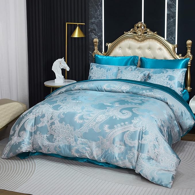 Green Comforter King Jacquard Bedding with Peacock Green Satin Sheet Set 8 Pcs Royal Embroidery Neoclassical Floral Home Decor Soft Luxury Hotel Bed in a Bag with 1 Cushion Cover