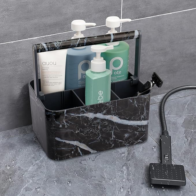 BYUNER Plastic Shower Caddy Dorm: Portable Bathroom Caddy Organizer for College with Handle and Adjustable Divider, Utility Hard Shower Basket Bath Tote for Toiletry, Shampoo, Soap (Black Marble) - Image 5