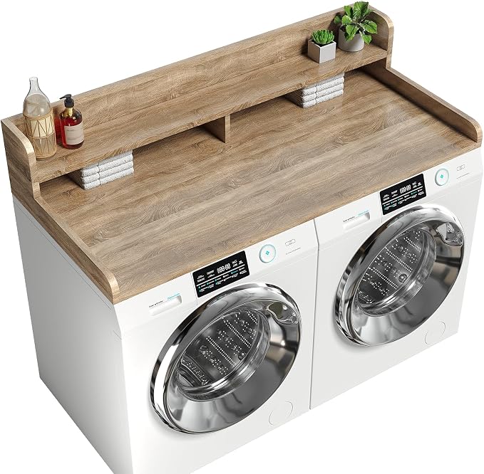 2-Tier Washer Dryer Countertop with 2.75" H Edge Rails, 58" W x 28" D Laundry Countertop for Folding Clothes, Washer and Dryer Topper with Non-Slip Pad (White Oak) by Corbyles