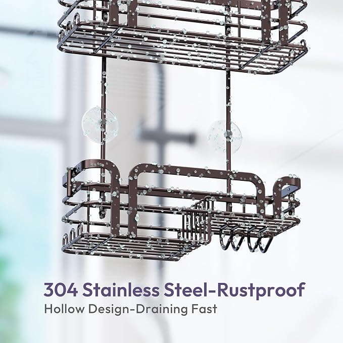 SWTYMIKI Shower Caddy Hanging Organizer - Over the Door Shower Caddy with Soap Holder, 11 Hooks, 2 Installation Ways, Stainless Steel Rustproof Bathroom Organizer, Bronze - Image 7