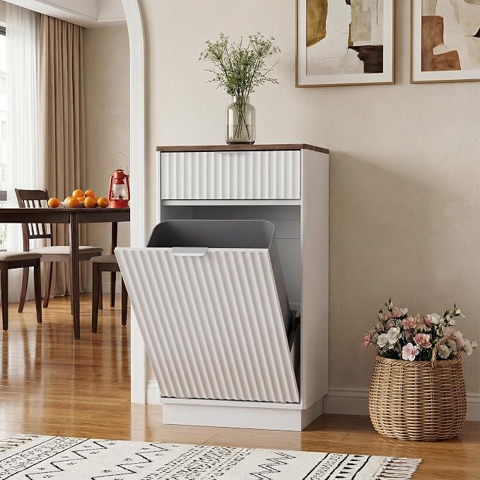 Tilt-Out Trash Cabinet, White Laundry Hamper Cabinet with Black Top, 34.3 x 19 x 13.8 inches, 10 Gallon Capacity, Wave-Textured Front, Storage Drawer. - Image 6