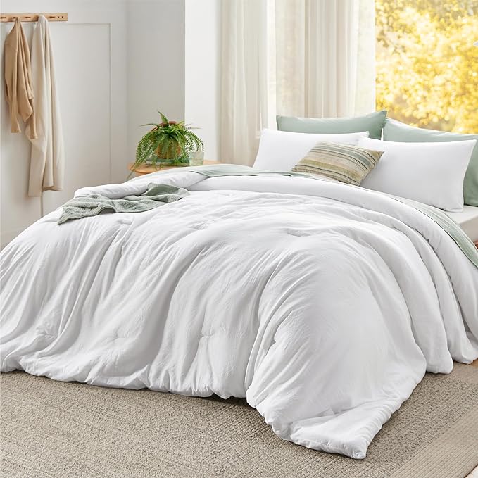 Bedsure Super King Plus Comforter Set, White Soft Prewashed Bedding for All Seasons, 3 Pieces GentleSoft™ Bed Set, 1 Lightweight Comforter (128"x120") and 2 Pillowcases (20"x36")