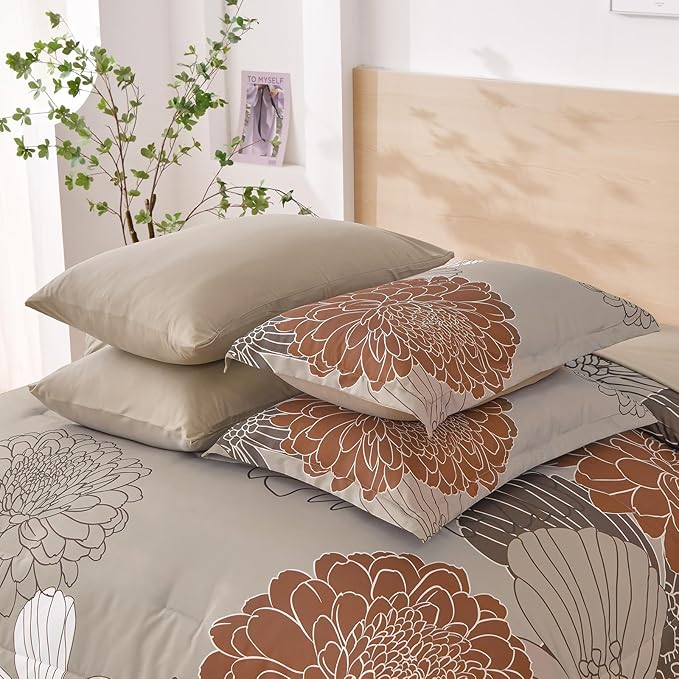 Yiran Floral Comforter Set King Size,7 Pieces Bed in a Bag Taupe Brown Comforter Soft Microfiber Bedding Sets 104"×90"