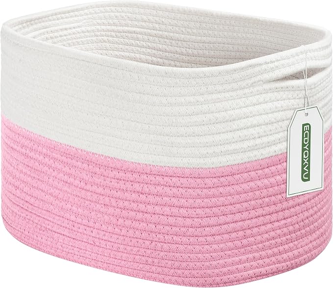 ECDYQXVU Cotton Rope Shelf Storage Basket, 15x10x9 in, Shelf Storage Baskets for Clothes, Towels, Books, Laundry (White/ Pink, 1 Pack) by ECDYQXVU