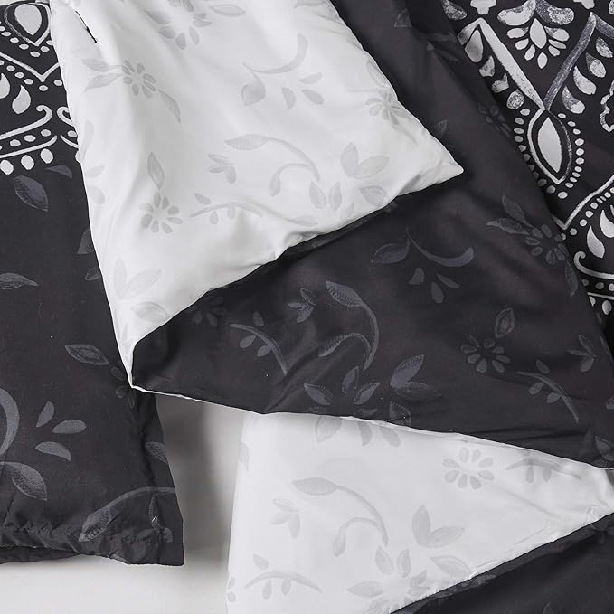 Comfort Spaces Bed in A Bag - Trendy Casual Design Cozy Comforter with Complete Sheet Set with Side Pocket, All Season Cover, Matching Shams, Twin XL (66 in x 90 in), Ava Medallion Black 6 Piece