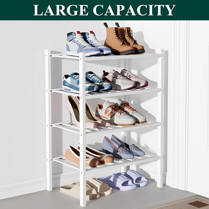 Smiry Bamboo Shoe Rack for Closet, 4 Tier Small Wooden Stackable Shoe Organizer, Free Standing Shoes Storage Shelf for Entryway, Front Door Entrance, White - Image 5