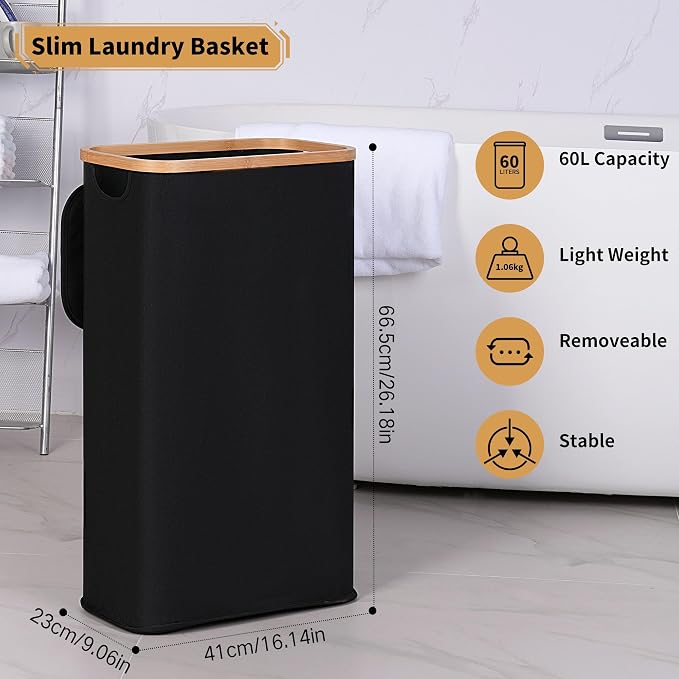 iEGrow 60L Slim Laundry Hamper, Narrow Laundry Basket with Lid,Foldable Clothes Hamper with Bamboo Handles,Hamper Basket with Removable Inner Bag for Laundry Room Bedroom College Dorm,Black - Image 3