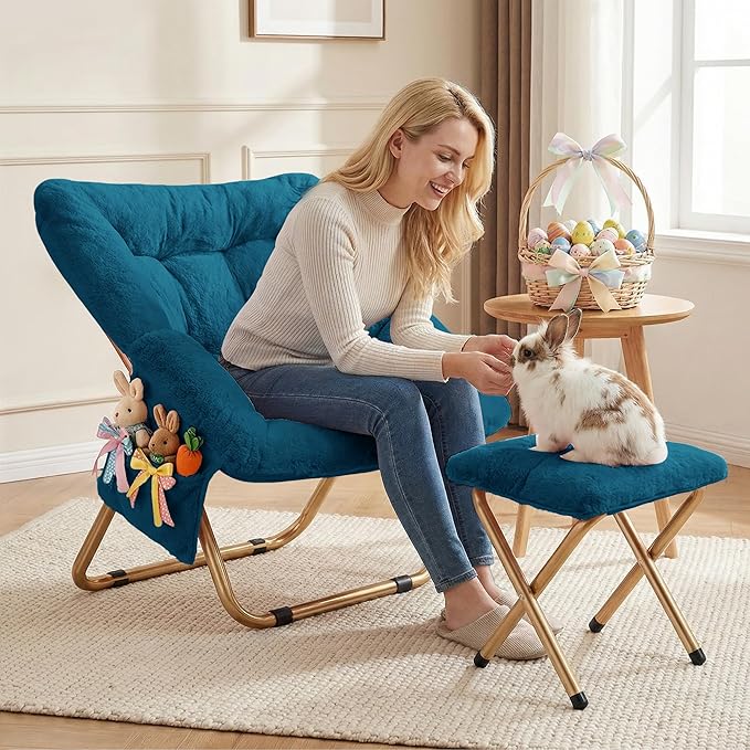 Kasunpul Comfy Saucer Chair, Foldable Living Room Chairs, Soft Faux Fur Lounge Chair for Bedroom, Reading Chairs for Adults, Teens, X-Large (Teal Blue)