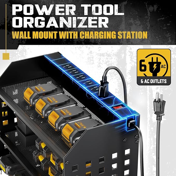 SPACECARE Power Tool Organizer with Charging Station 6 Outlets, 3-Layer Heavy Duty Wall Mount Drill Storage Rack, Cordless Tool with Utility Shelf, Garage Organization and Storage for Workshop- Black - Image 2