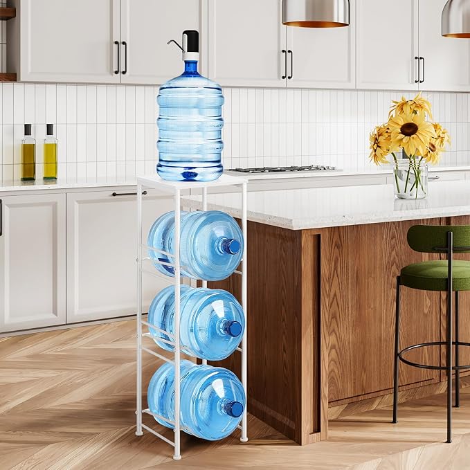 OYEAL 5 Gallon Water Bottle Jug Holder 3-Tier Water Bottle Holder Organizer with Top Shelf, Heavy Duty Water Dispenser Stand Rack for Kitchen Living Room Office, White - Image 8