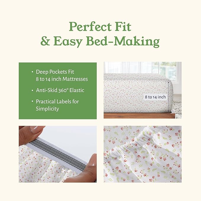 California Design Den Twin XL Floral Bed Sheet, 100% Organic Cotton Percale Sheets, Deep Pocket Twin XL Sheets & Pillowcase Set - Floral