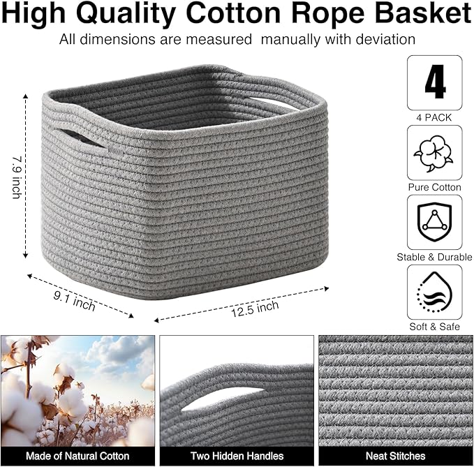 ICERZCZ Small Storage Baskets for Shelves Organizing, Woven Cotton Rope Baskets for Storage, Book Basket, Decorative Shelf Basket, 12.5"Lx9.1''Wx7.9''H (4 Packs) Grey - Image 3