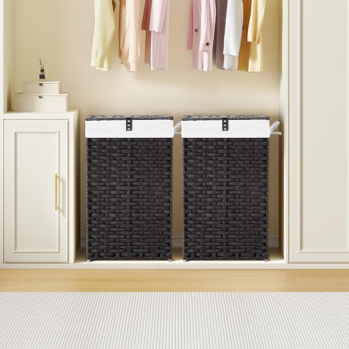 Greenstell Laundry Hamper with Lid, 60L Clothes Hamper with 2 Removable Liner Bags & 2 Mesh Bags, Handwoven Synthetic Rattan Basket, Toys in Bathroom, Bedroom Black - Image 2