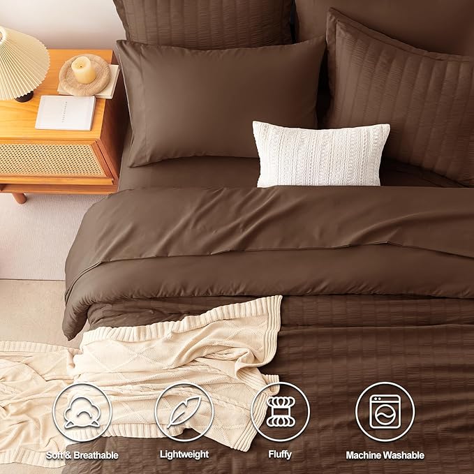 CozyLux Twin Comforter Set with Sheets 5 Pieces, Brown Seersucker Textured Bed in a Bag for Bedroom, Luxury Soft Bedding Sets with Down Alternative Comforter, Sheets, Pillowcase & Sham for All Seasons