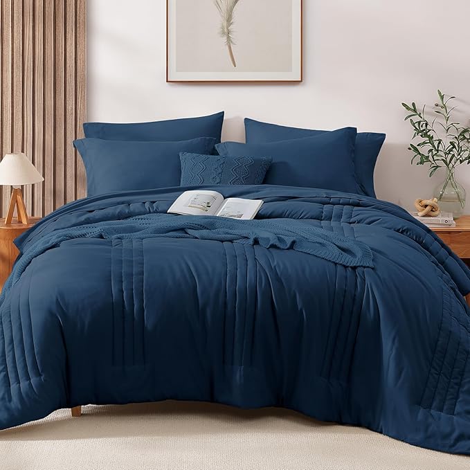 Monbix Full Size Comforter Set - 7 Pieces Serenity Blue Bed in a Bag, Full Size Bedding Sets with Comforters, All Seasons Comforter with Sheets,Pillowcases & Shams