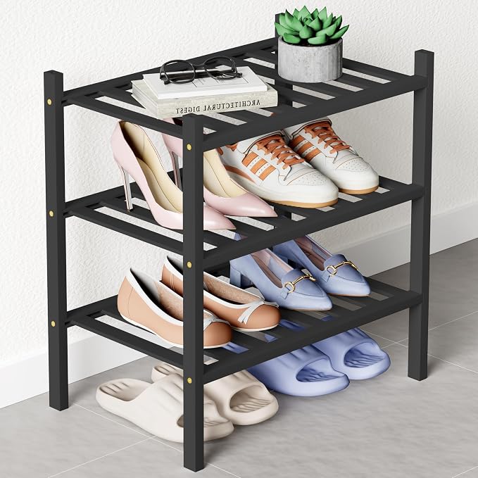 Smiry Bamboo Shoe Rack for Closet, 3 Tier Small Wooden Stackable Shoe Organizer, Free Standing Shoes Storage Shelf for Entryway, Front Door Entrance, Black by Smiry
