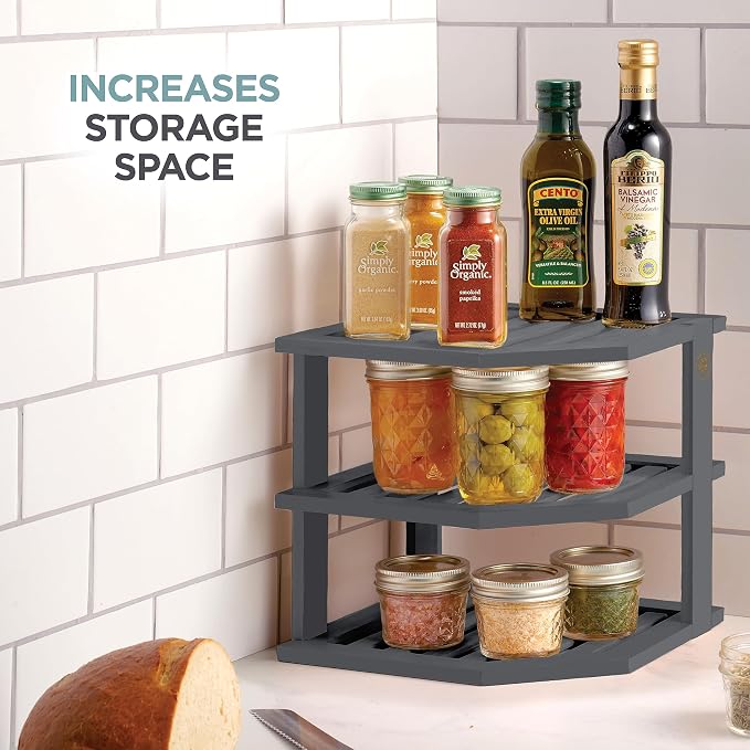Bambüsi Plate Organizer for Cabinet - Corner Cabinet Organizer and Kitchen Cabinet Organizer Shelf, Kitchen Countertop Organizer for Plates, Dishes and Bowls, Space Saving Corner Rack, Grey - Image 4