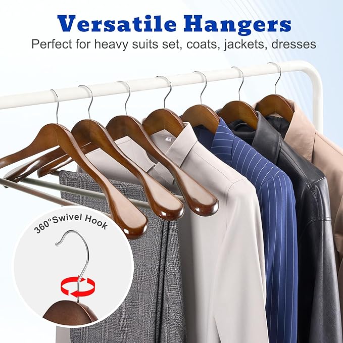 HOUSE DAY Wood Suit Hangers for Men 24 Pack, Smooth Wide Shoulder Wooden Hangers with Non Slip Pant Holder, Wide Hangers for Suits, Coats, Jackets, Heavy Wide Clothes Hanger, Walnut - Image 6