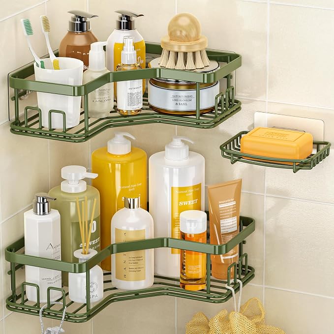 MAXIFFE 3 Pack X-Large Corner Shower Caddy with Soap Holder, Large Capacity Easy Install No Drilling Stainless Steel Hold 40 LB Shower Organizer Shelves Rack for Family Renters Bathroom, Forest Green by MAXIFFE