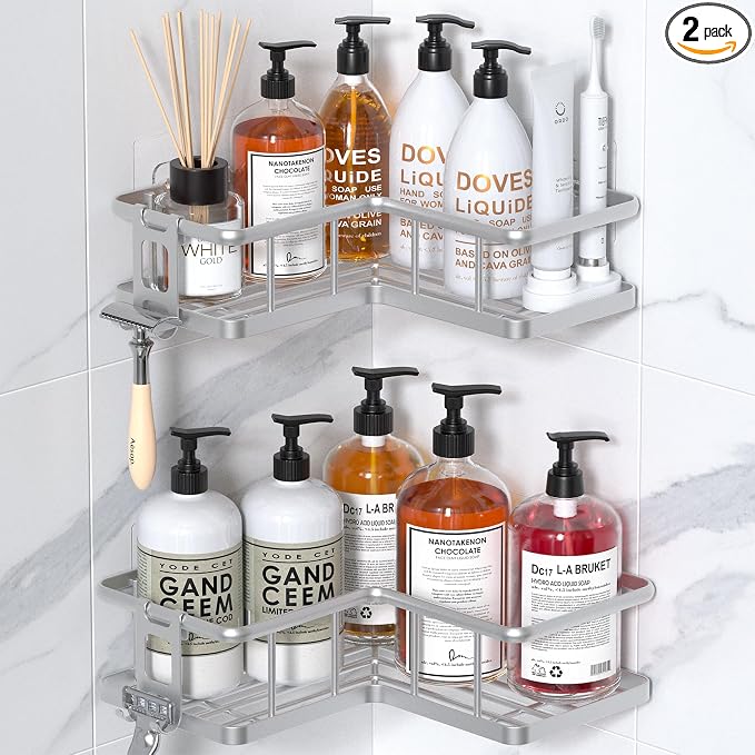 YASONIC Shower Caddy Corner, 2-Pack Adhesive Rustproof Stainless Steel Shower Shelves with Soap Holder, No Drilling Shower Organizer Corner for Dorm, Renters Bathroom Silver by YASONIC