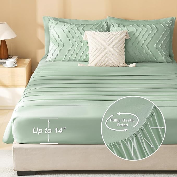 Litanika Oversized King Size Comforter Set with Sheets Sage Green - 7 Pieces Bed in a Bag Oversized King Boho Tufted Complete Bedding Sets with Comforter, Sheets, Pillowcases & Shams