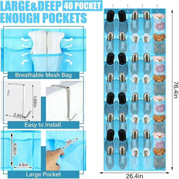 Windyun 40 over the Door Shoe Organizer Large Mesh Pocket Hanging Shoe Rack for Closet Sky Blue Nonslip Behind Door Storage Holder Back to School Organizer for Dorm Room College Classroom Storage - Image 3