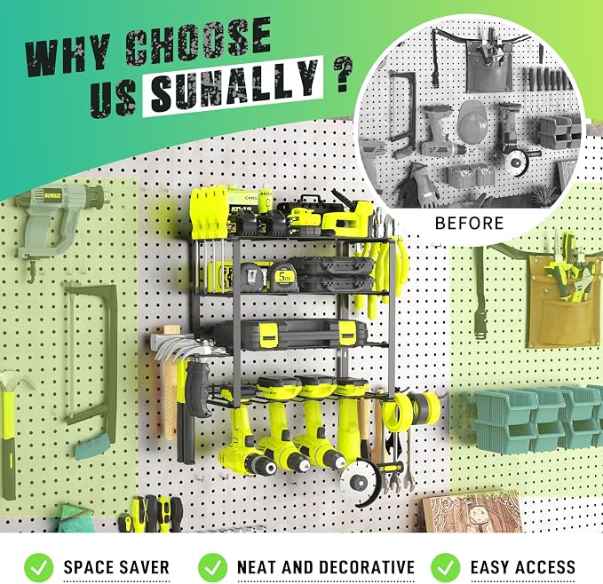 SUNALLY Power Tool Organizer, 4 Drill Holder Wall Mount, Garage Tool Organizer and Storage with Screwdriver Holder, Garage Organization, 4 Layer Cordless Drill Holder with Hammer Holder - Image 3